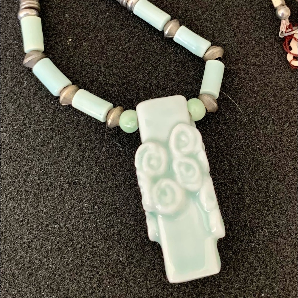 Pastel aqua ceramic beaded necklace and unique ceramic pendant